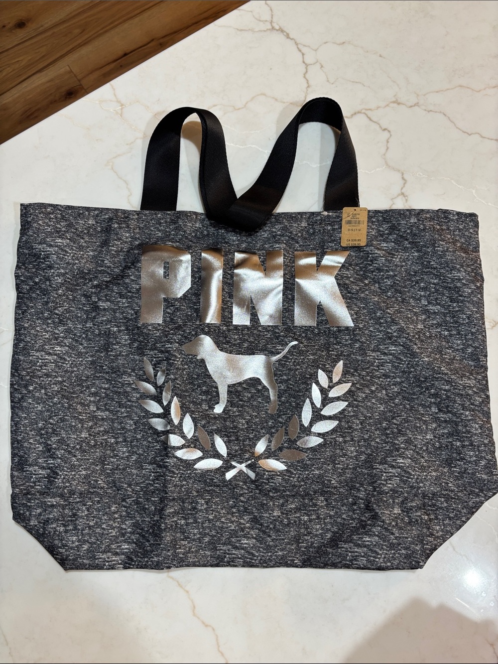 PINK Victoria's Secret Charcoal Gray Tote NWT Silver Metallic Logo